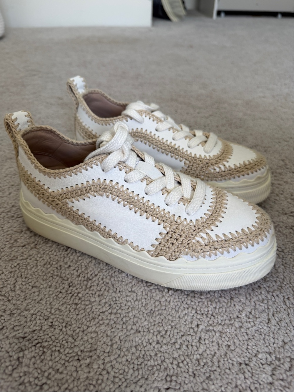 Chloé White & Tan Crochet-Trim Sneakers